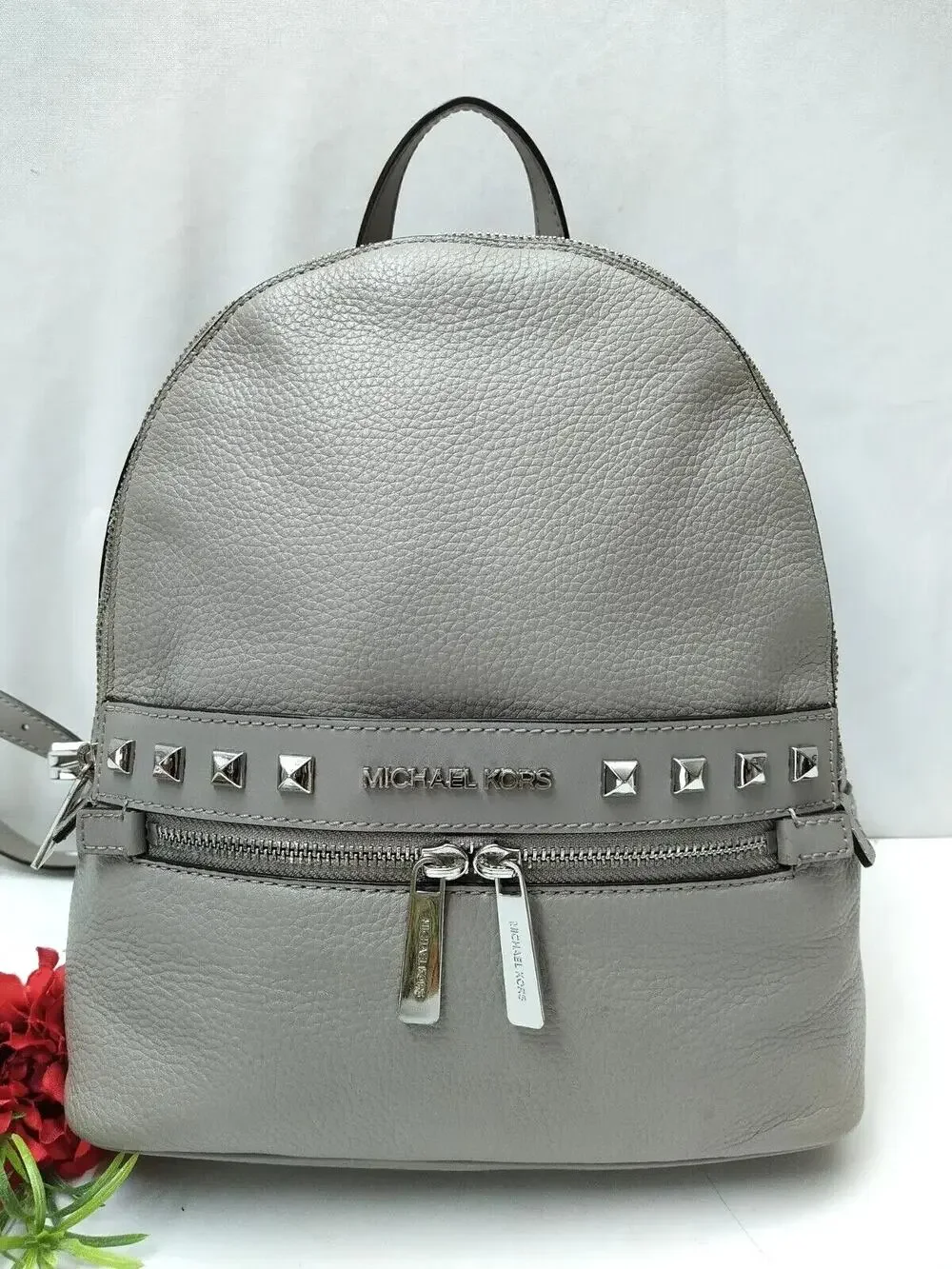 Michael Kors Kenly Pear Gray Pebbled Leather Studded Zip Pocket Backpack - $368